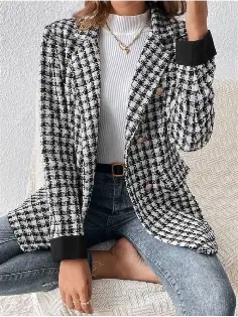 AQUA Black & White Houndstooth Tweed Blazer Size M